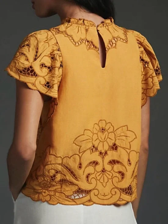 Anthropologie Embroidered Flutter-Sleeve Top in Mustard - Picture 2 of 3